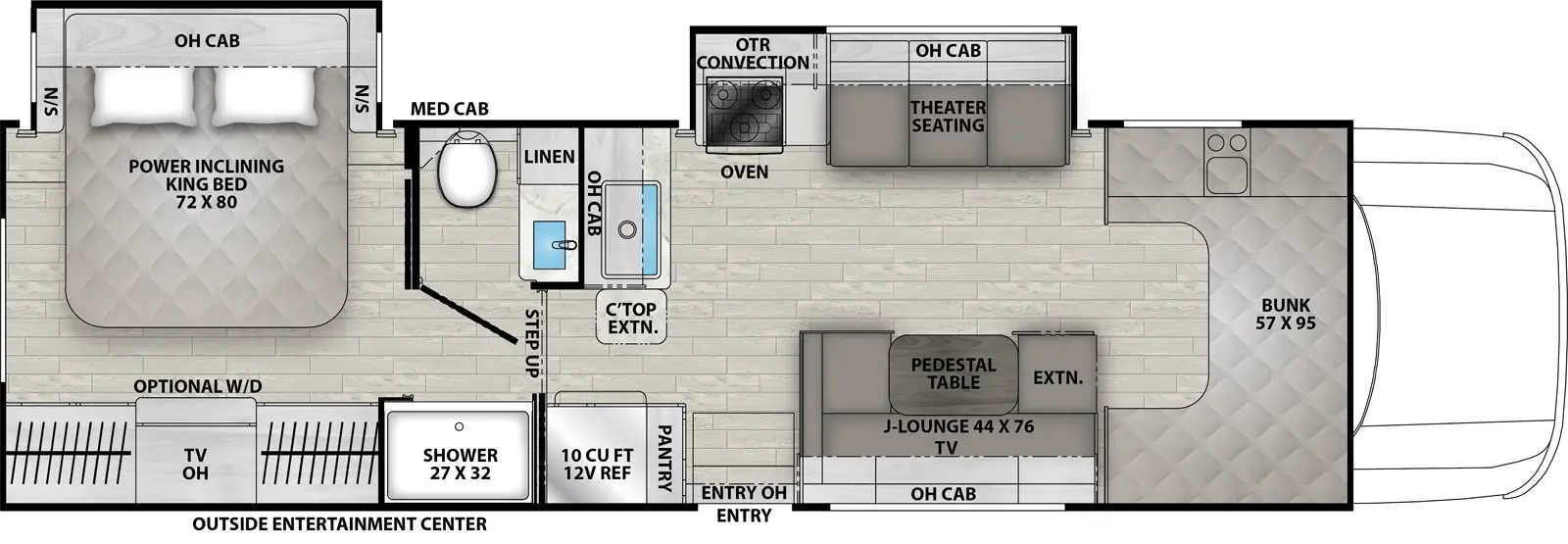 The 330DS has 2 slide outs and one entry. Exterior features outside entertainment center. Interior layout front to back: cabover bunk; off-door slideout with theater seating, overhead cabinet, and oven with convection microwave above; door side j-lounge with pedestal table and extension, overhead cabinet, TV, entry, pantry, and 12V refrigerator; front-facing kitchen counter with extension, sink and overhead cabinet along inner wall; step up to rear pass-thru bathroom with linen closet, off-door side slideout with power inclining king bed with overhead cabinet and nightstands on each side, and door side slideout with TV, overhead cabinet, wardrobe, and optional washer/dryer.